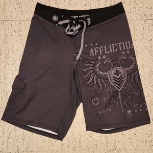 Affliction Embroidered Spell Out Logo Full Graphic Shorts Grey And Black